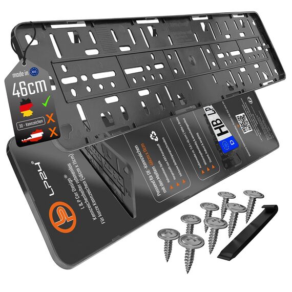 Kennzeichenhalter Rahmenlos Nummernschildhalterung 460x110mm inkl. 8 Schrauben [dezent & sicher] rahmenlose Kennzeichenhalterung Auto Nummernschildhalter Kennzeichen Halterung pkw schwarz 2 Stück