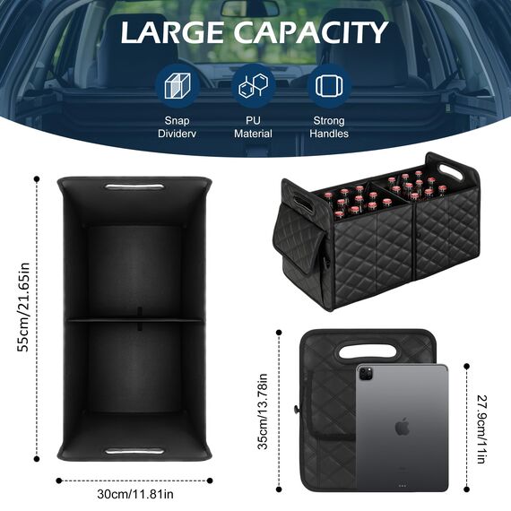 Einesin Kofferraum Organizer mit 7 Fächern, 57L Auto Organizer aus PU-Material, Auto Box mit seitlicher Mesh-Tasche, wasserdicht, leicht zu reinigen, Auto Zubehör (55 * 30 * 35CM)