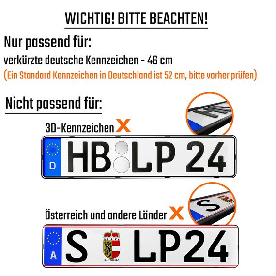 Kennzeichenhalter Rahmenlos Nummernschildhalterung 460x110mm inkl. 8 Schrauben [dezent & sicher] rahmenlose Kennzeichenhalterung Auto Nummernschildhalter Kennzeichen Halterung pkw schwarz 2 Stück