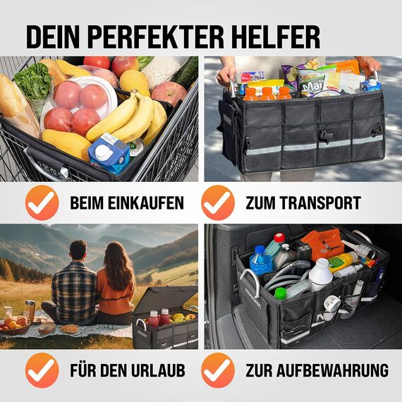 MONZANA® Kofferraum Organizer Deckel 68L Trennwände Wasserdicht Faltbar Verstärkte Wände rutschfest Kofferraumtasche Kofferraumbox Autotasche Schwarz