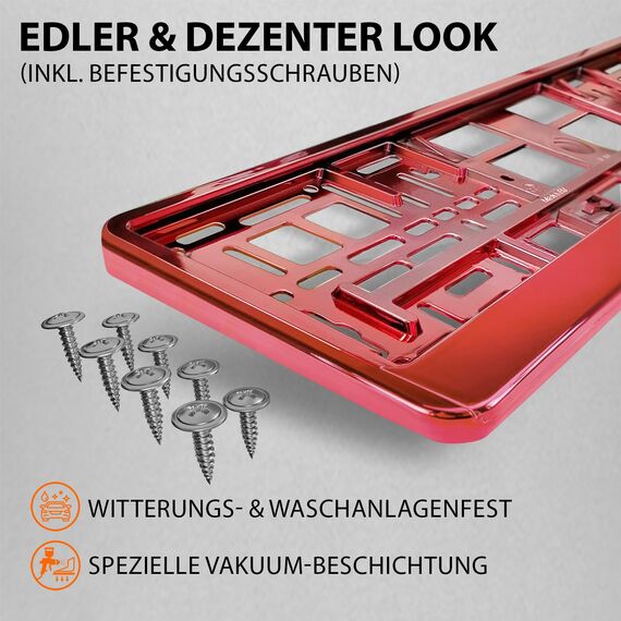 Kennzeichenhalter Nummernschildhalterung Auto Rot Chrom universell 520x110mm inkl. 8 Schrauben Kennzeichenhalterung Nummernschildhalter pkw 2 Stück