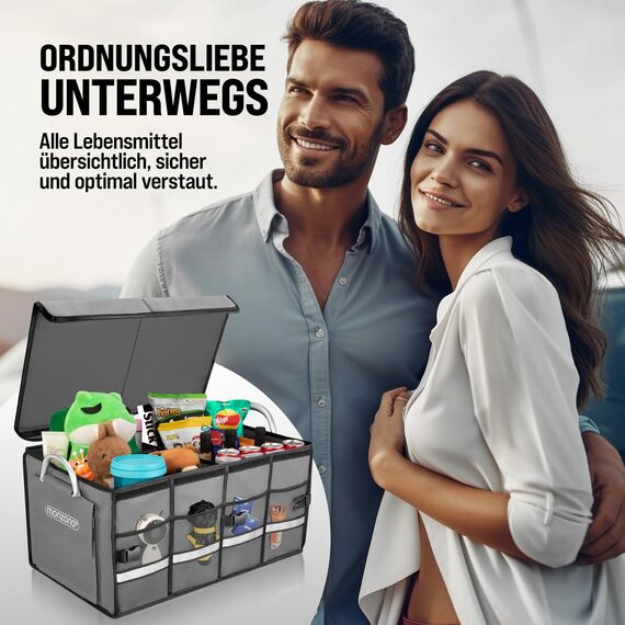 MONZANA® Kofferraum Organizer Deckel 68L Trennwände Wasserdicht Faltbar Verstärkte Wände rutschfest Kofferraumtasche Kofferraumbox Autotasche Grau