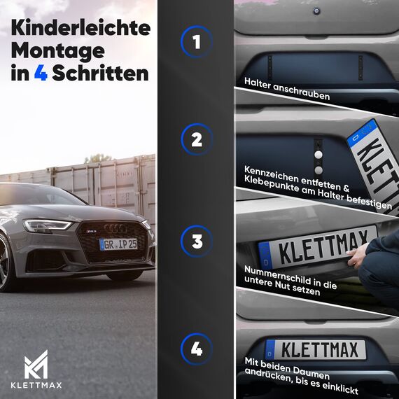 KLETTMAX® ORIGINAL - Rahmenlose Clip Kennzeichenhalter - Nummernschildhalter - unsichtbar und wetterfest nur für Deutschland