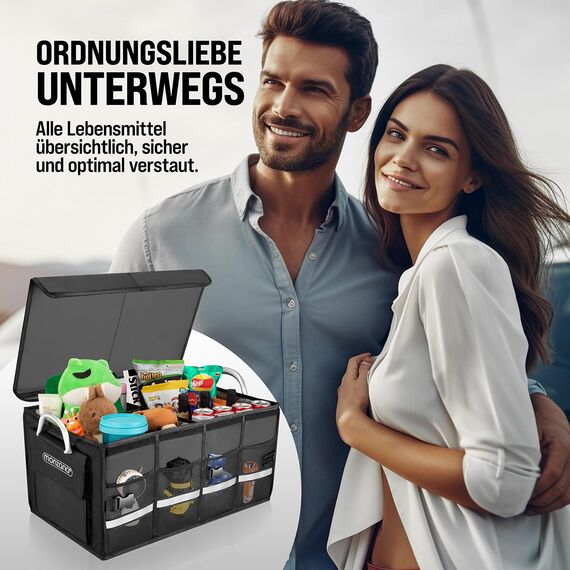 MONZANA® Kofferraum Organizer Deckel 68L Trennwände Wasserdicht Faltbar Verstärkte Wände rutschfest Kofferraumtasche Kofferraumbox Autotasche Schwarz