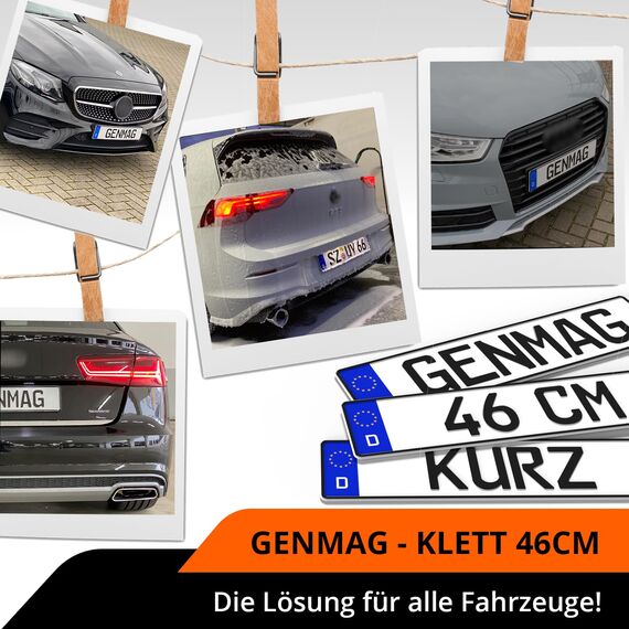 GENMAG® Klett Kennzeichenhalter Rahmenlos 460mm [Extra-Stark & Legal] Kurze Kennzeichenhalter Klett | Wetterfeste Nummernschildhalter | Kennzeichen Klett | Rahmenlose Kennzeichenhalter Kurz 46 cm
