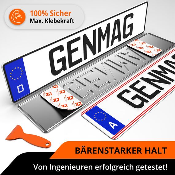GENMAG® Klett Kennzeichenhalter Rahmenlos [Extra-Stark & Universal] Auto & Motorrad Kennzeichenhalter Klett für alle Kennzeichen | Wetterfeste rahmenlose Kennzeichenhalter Österreich & Deutschland
