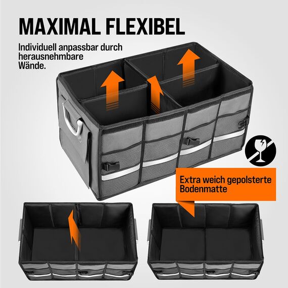 MONZANA® Kofferraum Organizer Deckel 68L Trennwände Wasserdicht Faltbar Verstärkte Wände rutschfest Kofferraumtasche Kofferraumbox Autotasche Grau