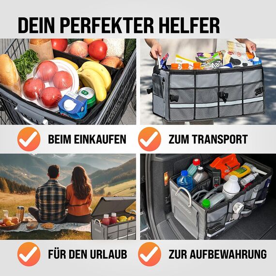MONZANA® Kofferraum Organizer Deckel 68L Trennwände Wasserdicht Faltbar Verstärkte Wände rutschfest Kofferraumtasche Kofferraumbox Autotasche Grau