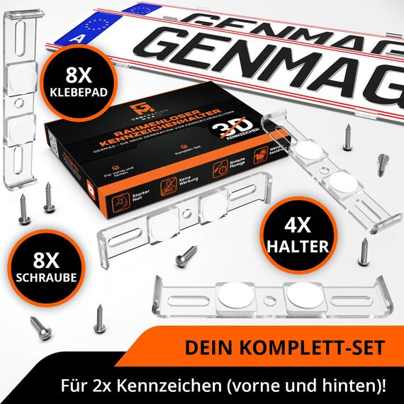 GENMAG® Kennzeichenhalter Rahmenlos [Legal & Universal] Nummernschildhalterung Auto | Rahmenlose Kennzeichenhalter für Autos | Kennzeichenhalterung Rahmenlos | Nummernschildhalter für 2 Kennzeichen