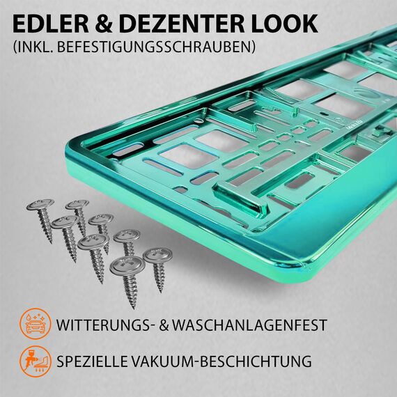 Kennzeichenhalter Nummernschildhalterung Auto Türkis Chrom universell 520x110mm inkl. 8 Schrauben Kennzeichenhalterung Nummernschildhalter pkw 2 Stück
