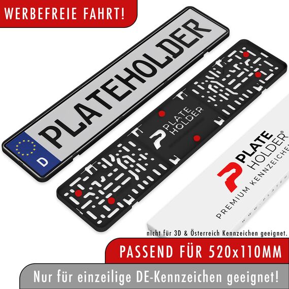 PLATEHOLDER® rahmenlose Kennzeichenhalter Premium | Nummernschildhalterung Auto | Nummernschildhalter | Kennzeichenhalterung für Kfz Kennzeichen | Halterung Autokennzeichen 520x112mm