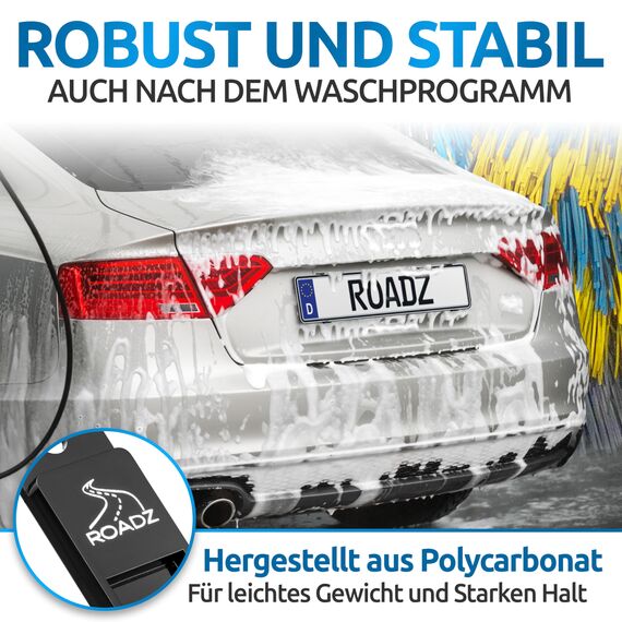 ROADZ® Kennzeichenhalter Rahmenlos - [unsichtbar & legal] - Sicherung für bombenfesten Halt - Set für 2 Kennzeichen - werbefrei - Nummernschildhalter - rahmenlose Kennzeichenhalter Auto