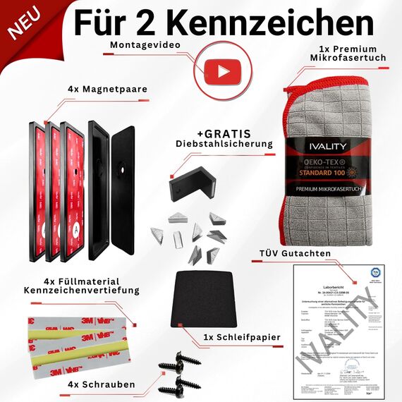 IVALITY® Magnet Kennzeichenhalter Rahmenlos für 2 Kennzeichen | Magnetische Nummernschildhalterung Auto | Kennzeichenhalterung Nummernschildhalter | Österreich Wechselkennzeichen