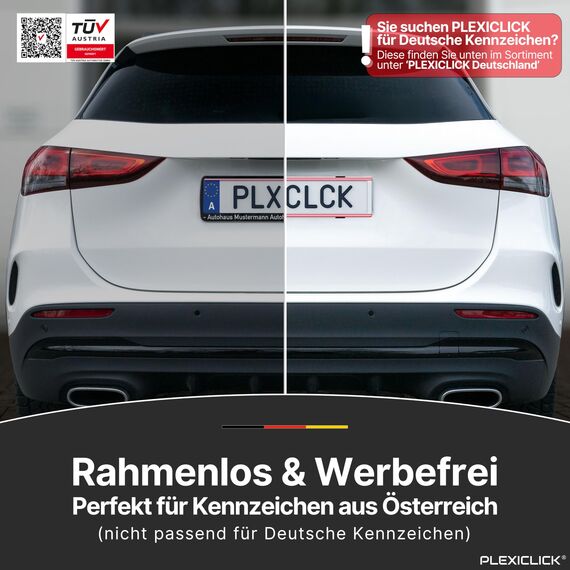 PLEXICLICK® Österreich | Kennzeichenhalter Rahmenlos unsichtbar | Rahmenlose Kennzeichenhalterung | Nummernschildhalter Schwarz | Fahrzeugpflege | Wechselkennzeichen Auto