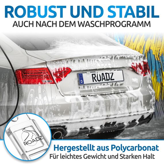 ROADZ® Kennzeichenhalter Rahmenlos - [unsichtbar & legal] - Sicherung für bombenfesten Halt - Set für 2 Kennzeichen - werbefrei - Nummernschildhalter - rahmenlose Kennzeichenhalter Auto