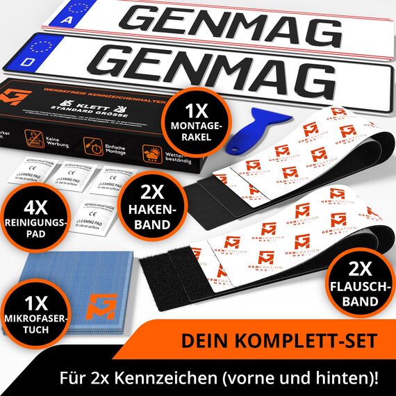 GENMAG® Klett Kennzeichenhalter Rahmenlos [Extra-Stark & Legal] Kennzeichenhalter Klett | Wetterfeste Nummernschildhalter | Kennzeichen Klett | Rahmenlose Kennzeichenhalter Österreich & Deutschland