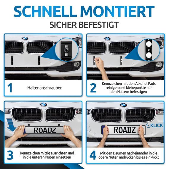 ROADZ® Kennzeichenhalter Rahmenlos - [unsichtbar & legal] - Sicherung für bombenfesten Halt - Set für 2 Kennzeichen - werbefrei - Nummernschildhalter - rahmenlose Kennzeichenhalter Auto