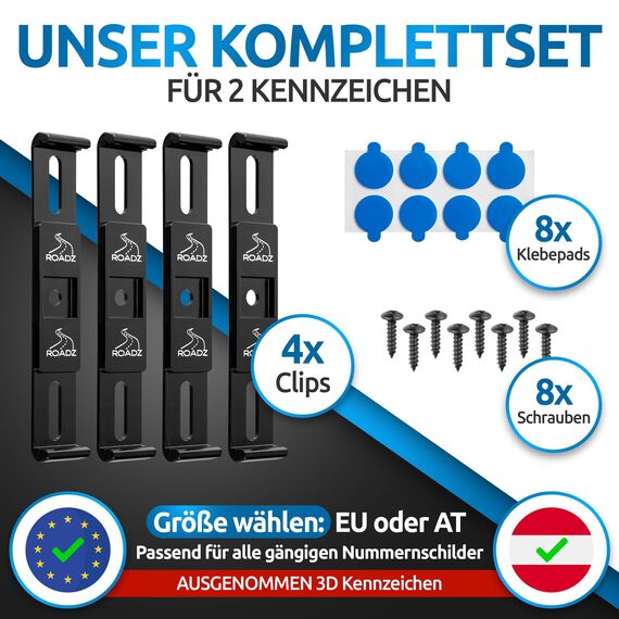ROADZ® Kennzeichenhalter Rahmenlos - [unsichtbar & legal] - Sicherung für bombenfesten Halt - Set für 2 Kennzeichen - werbefrei - Nummernschildhalter - rahmenlose Kennzeichenhalter Auto