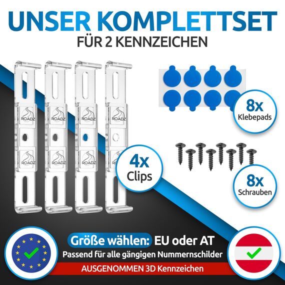 ROADZ® Kennzeichenhalter Rahmenlos - [unsichtbar & legal] - Sicherung für bombenfesten Halt - Set für 2 Kennzeichen - werbefrei - Nummernschildhalter - rahmenlose Kennzeichenhalter Auto