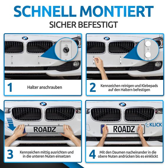 ROADZ® Kennzeichenhalter Rahmenlos - [unsichtbar & legal] - Sicherung für bombenfesten Halt - Set für 2 Kennzeichen - werbefrei - Nummernschildhalter - rahmenlose Kennzeichenhalter Auto