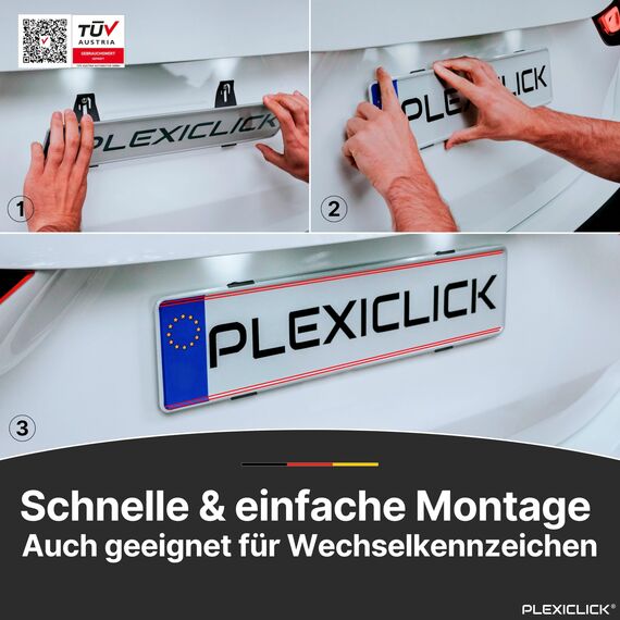 PLEXICLICK® Österreich | Kennzeichenhalter Rahmenlos unsichtbar | Rahmenlose Kennzeichenhalterung | Nummernschildhalter Schwarz | Fahrzeugpflege | Wechselkennzeichen Auto