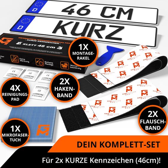 GENMAG® Klett Kennzeichenhalter Rahmenlos 460mm [Extra-Stark & Legal] Kurze Kennzeichenhalter Klett | Wetterfeste Nummernschildhalter | Kennzeichen Klett | Rahmenlose Kennzeichenhalter Kurz 46 cm