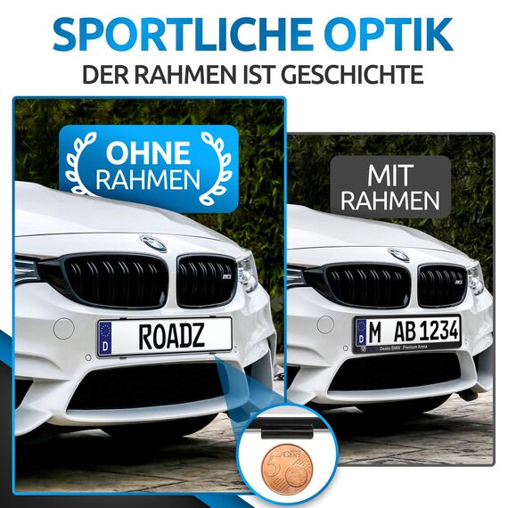 ROADZ® Kennzeichenhalter Rahmenlos - [unsichtbar & legal] - Sicherung für bombenfesten Halt - Set für 2 Kennzeichen - werbefrei - Nummernschildhalter - rahmenlose Kennzeichenhalter Auto