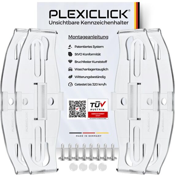 PLEXICLICK® Kennzeichenhalter 4X - TÜV Zertifiziert - Kennzeichenhalter Rahmenlos Transparent - Nummernschildhalterung Auto - Kennzeichenhalterung - Nummernschildhalter - Kfz Kennzeichen Halterung