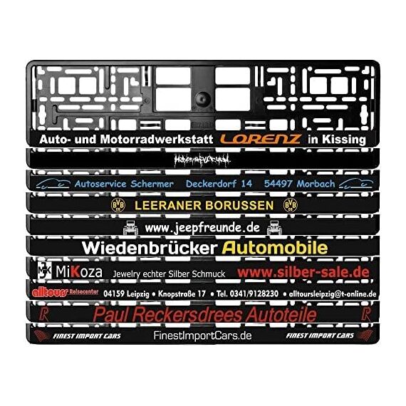 TEILE-24.EU Malinowski 2 Stück Kennzeichenhalter Schwarz mit Wunschtext Beschriftung Werbung Bedruckt