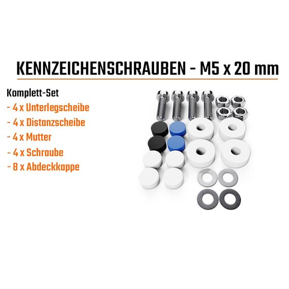 L & P Car Design A0023-1 Kennzeichen Schrauben Kennzeichenbefestigung 4er Set M5 x 20mm DIN 84 mit Abdeckkappen Befestigung für KFZ Nummernschild