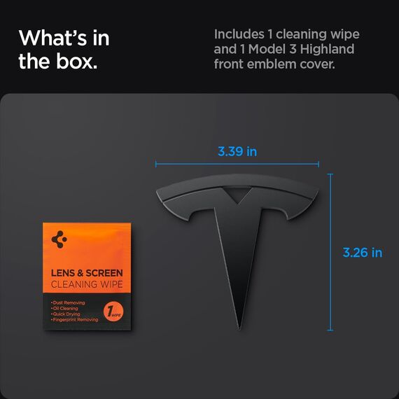 Spigen Tesla Model 3 Highland (~2026) Vorderes Emblem Logo Aufkleber, Perfekte Anpassung und Abdeckung, Einfache Installation, Kompatibel mit Tesla Model 3 Highland 2026 Zubehör - Schwarz