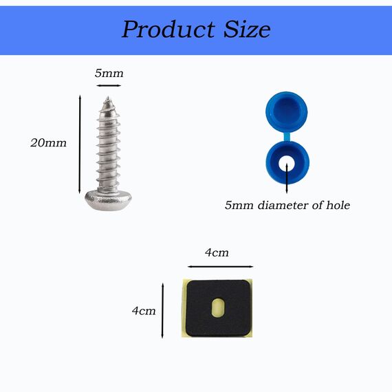 Anti Diebstahl Kennzeichen Schrauben Fitting Kit, M5 Edelstahl Auto Nummernschild Schrauben und Kappen Set - Inklusive schwarz, weiß und blau Kunststoff Scharnierkappen für Autos und Motorräder