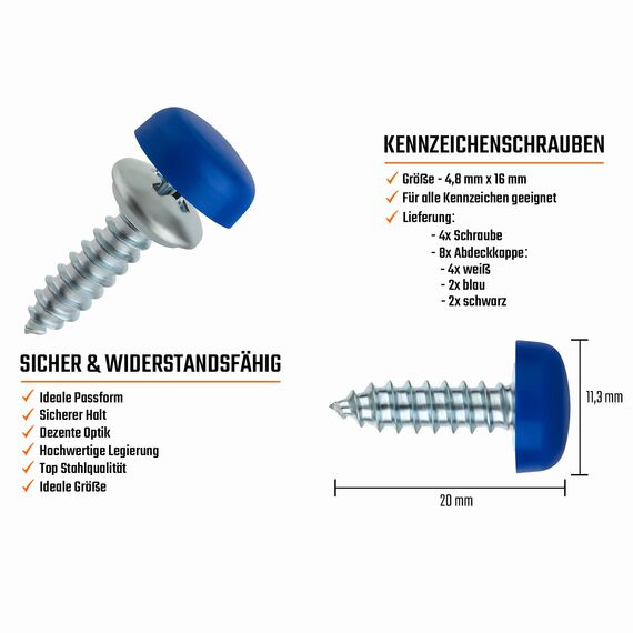 Kennzeichen Schrauben 4er Set Nummernschild Schrauben Set 4,8 x 16mm mit Kappen [ dezent | sicher | legal ] Kennzeichenbefestigung inkl. Abdeckkappen Befestigungsschrauben