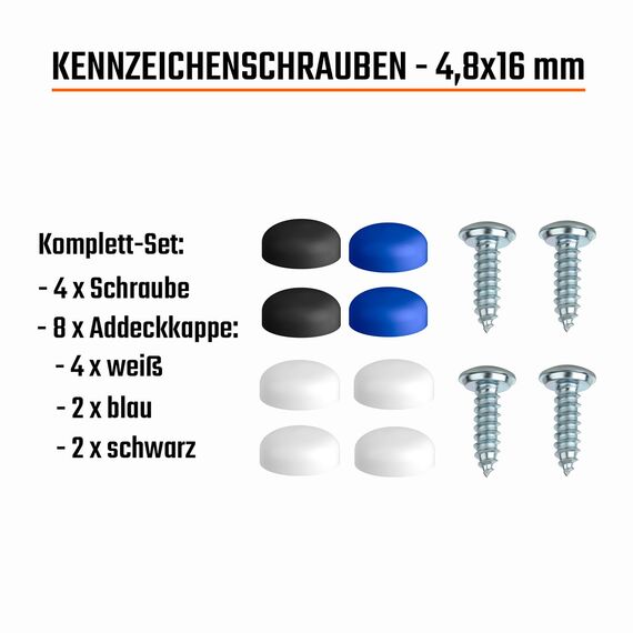 Kennzeichen Schrauben 4er Set Nummernschild Schrauben Set 4,8 x 16mm mit Kappen [ dezent | sicher | legal ] Kennzeichenbefestigung inkl. Abdeckkappen Befestigungsschrauben