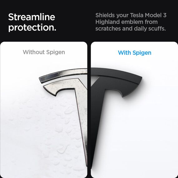 Spigen Tesla Model 3 Highland (~2026) Vorderes Emblem Logo Aufkleber, Perfekte Anpassung und Abdeckung, Einfache Installation, Kompatibel mit Tesla Model 3 Highland 2026 Zubehör - Schwarz