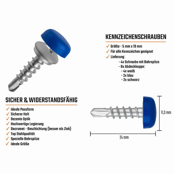Kennzeichen Schrauben mit Bohrspitze & Kappen 4er Set Nummernschild Schrauben Set 5 x 19mm Befestigungsschrauben Kennzeichen Befestigung inkl. Abdeckkappen [ dezent | sicher | legal ]
