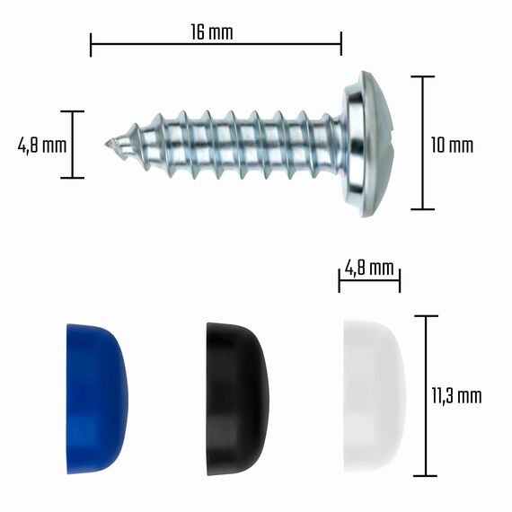 Kennzeichen Schrauben 4er Set Nummernschild Schrauben Set 4,8 x 16mm mit Kappen [ dezent | sicher | legal ] Kennzeichenbefestigung inkl. Abdeckkappen Befestigungsschrauben