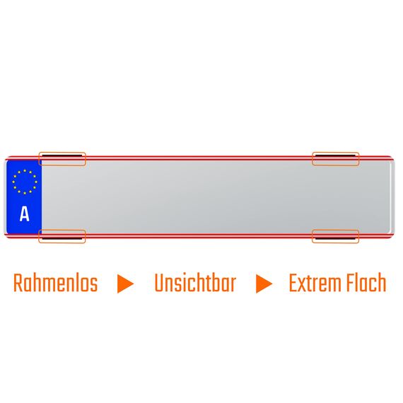 2 Kennzeichenhalter Österreich Rahmenlos schwarz flach 4mm für Kennzeichentafeln 520x120mm unsichtbar Kennzeichenträger für Österreich Dänemark Slowenien