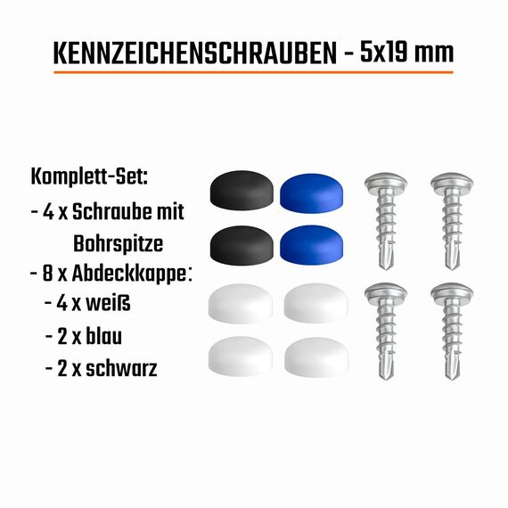 Kennzeichen Schrauben mit Bohrspitze & Kappen 4er Set Nummernschild Schrauben Set 5 x 19mm Befestigungsschrauben Kennzeichen Befestigung inkl. Abdeckkappen [ dezent | sicher | legal ]