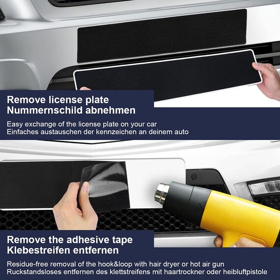 URAQT Kennzeichenhalter Rahmenlos, 2 Stück Klett Kennzeichenhalter für Auto, KFZ Kennzeichen Set Selbstklebend Für Deutsche Standardkennzeichen