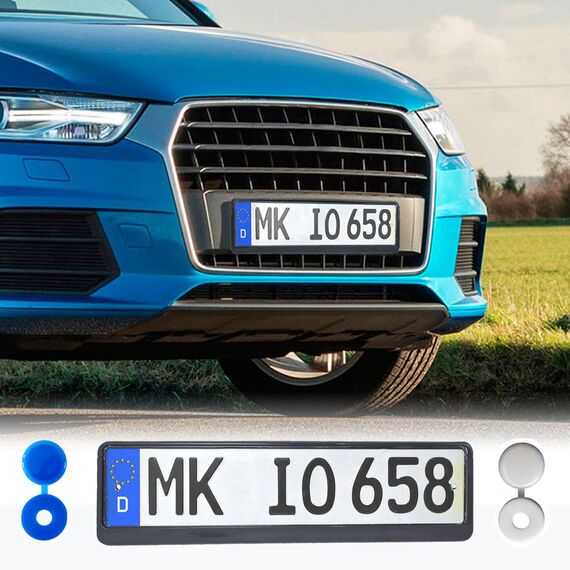 Anti Diebstahl Kennzeichen Schrauben Fitting Kit, M5 Edelstahl Auto Nummernschild Schrauben und Kappen Set - Inklusive schwarz, weiß und blau Kunststoff Scharnierkappen für Autos und Motorräder
