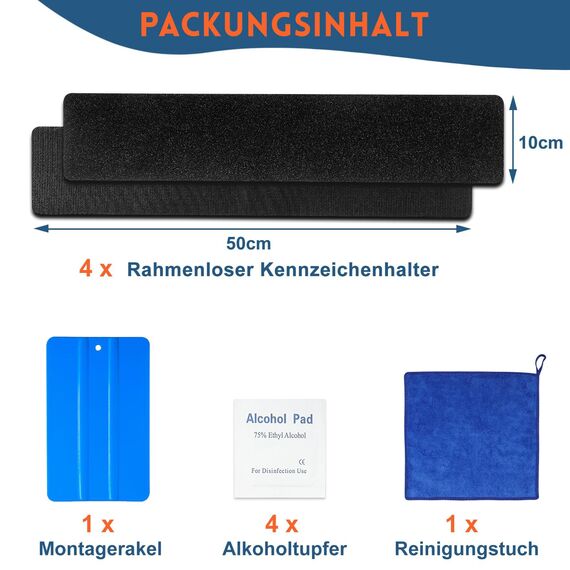 WUFANC 4 Paar Klett Kennzeichenhalter, Kennzeichenhalter Rahmenlos, Extra-Stark & Legal, Selbstklebender Nummernschildhalterung Auto, Wetterfester Kennzeichen Klett für Deutsche Standardkennzeichen