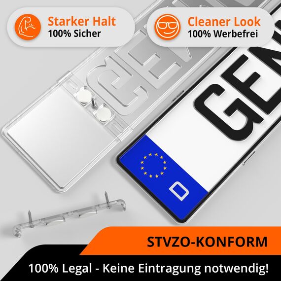 GENMAG® Kennzeichenhalter Rahmenlos [Legal & Universal] Nummernschildhalterung Auto | Rahmenlose Kennzeichenhalter für Autos | Kennzeichenhalterung Rahmenlos | Nummernschildhalter für 2 Kennzeichen