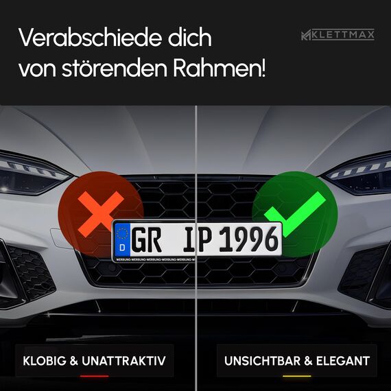Klettmax® Das Original – Kennzeichenhalter Rahmenlos | Klett Nummernschildhalter Set für 2 EU Kennzeichen Universel – selbstklebend, wetterfest, unsichtbar & rückstandslos entfernbar