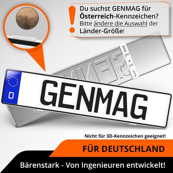 GENMAG® Kennzeichenhalter Rahmenlos [Legal & Universal] Nummernschildhalterung Auto | Rahmenlose Kennzeichenhalter für Autos | Kennzeichenhalterung Rahmenlos | Nummernschildhalter für 2 Kennzeichen