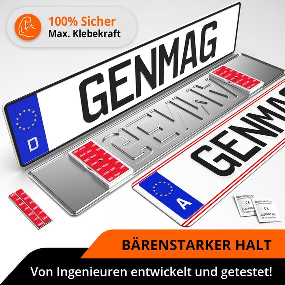 GENMAG® 2X Magnet Kennzeichenhalter Rahmenlos [Extra-Stark & Universal] Rahmenlose Kennzeichenhalter Magnete für Deutschland & Österreich | Magnetische Wechselkennzeichenhalter | Kennzeichen Magnet