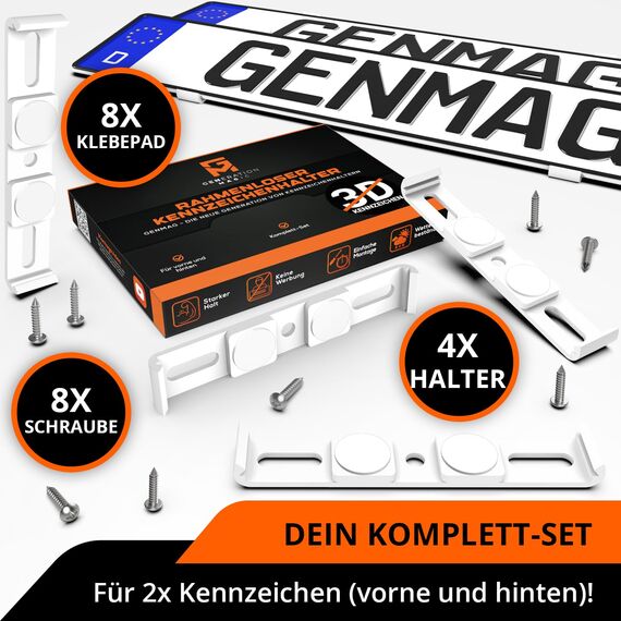 GENMAG® Kennzeichenhalter Rahmenlos [Legal & Universal] Nummernschildhalterung Auto | Rahmenlose Kennzeichenhalter für Autos | Kennzeichenhalterung Rahmenlos | Nummernschildhalter für 2 Kennzeichen