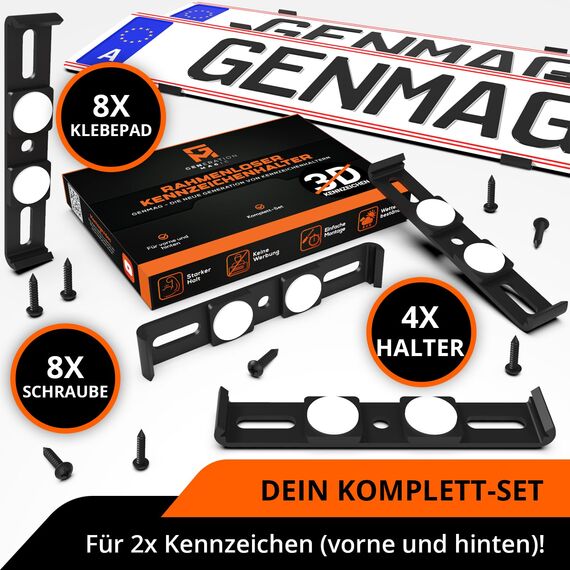 GENMAG® Kennzeichenhalter Rahmenlos [Legal & Universal] Nummernschildhalterung Auto | Rahmenlose Kennzeichenhalter für Autos | Kennzeichenhalterung Rahmenlos | Nummernschildhalter für 2 Kennzeichen
