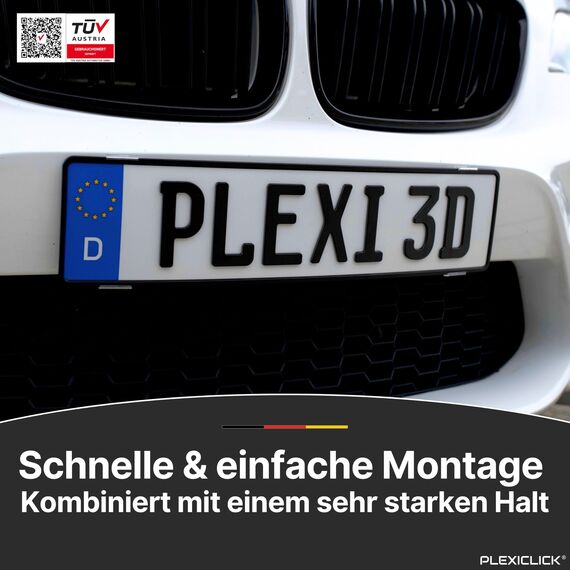 PLEXICLICK® 3D Kennzeichenhalter 3D Kennzeichen - Rahmenlos unsichtbar - 3D Kennzeichen Halterung Auto - Universal - Für Deutsche 3D Kfz Kennzeichen (Schwarz, Nur Deutsche 3D (kein Österreich))