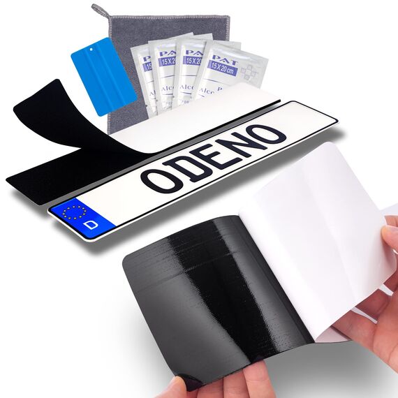 DAS ORIGINAL - ODENO® Klett Kennzeichenhalter-Set Rahmenlos selbstklebend - Nummernschildhalterung für jedes Auto - extrem starker, wetterfester Kleber und Klettverschluss